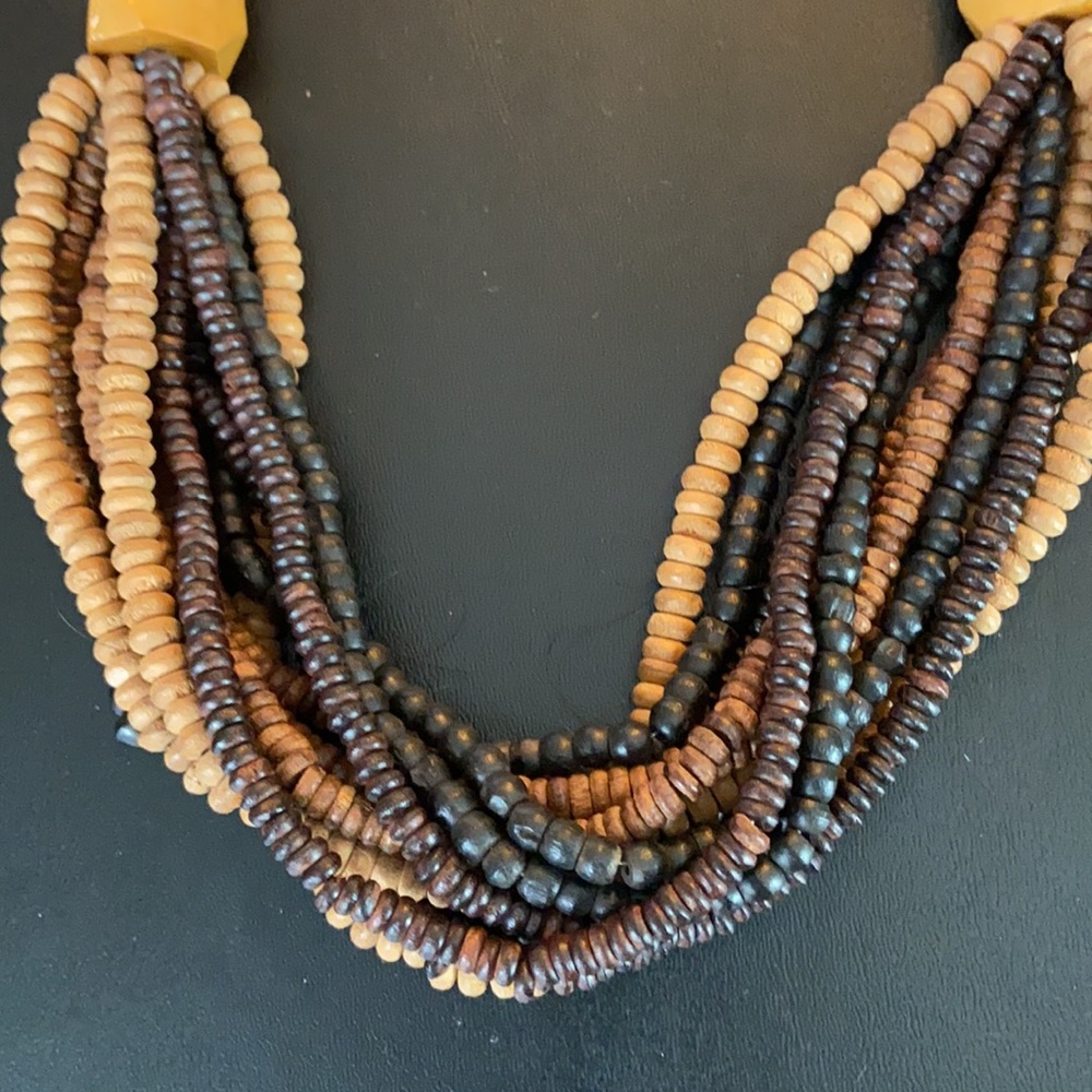 Brown tan wood beaded multi strand necklace - Picture 7 of 11